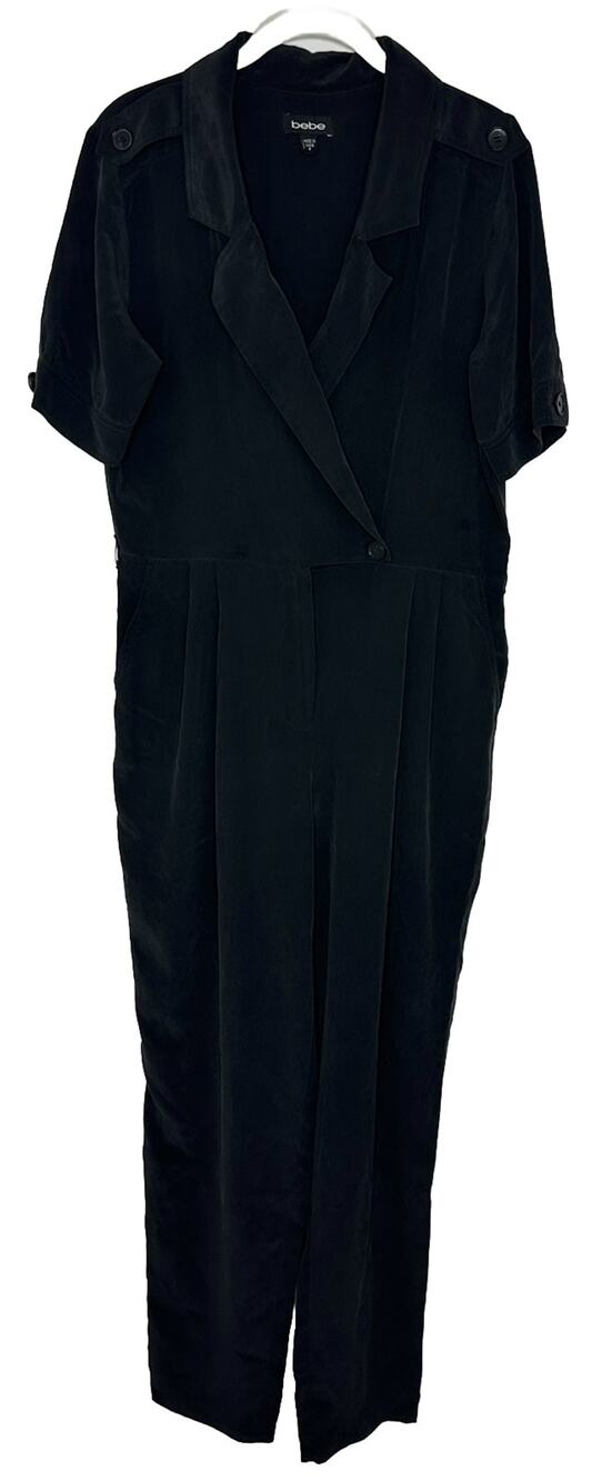 BEBE Black 100% Silk Short Sleeve Cargo Wrap Crepe Jumpsuit Sz Small